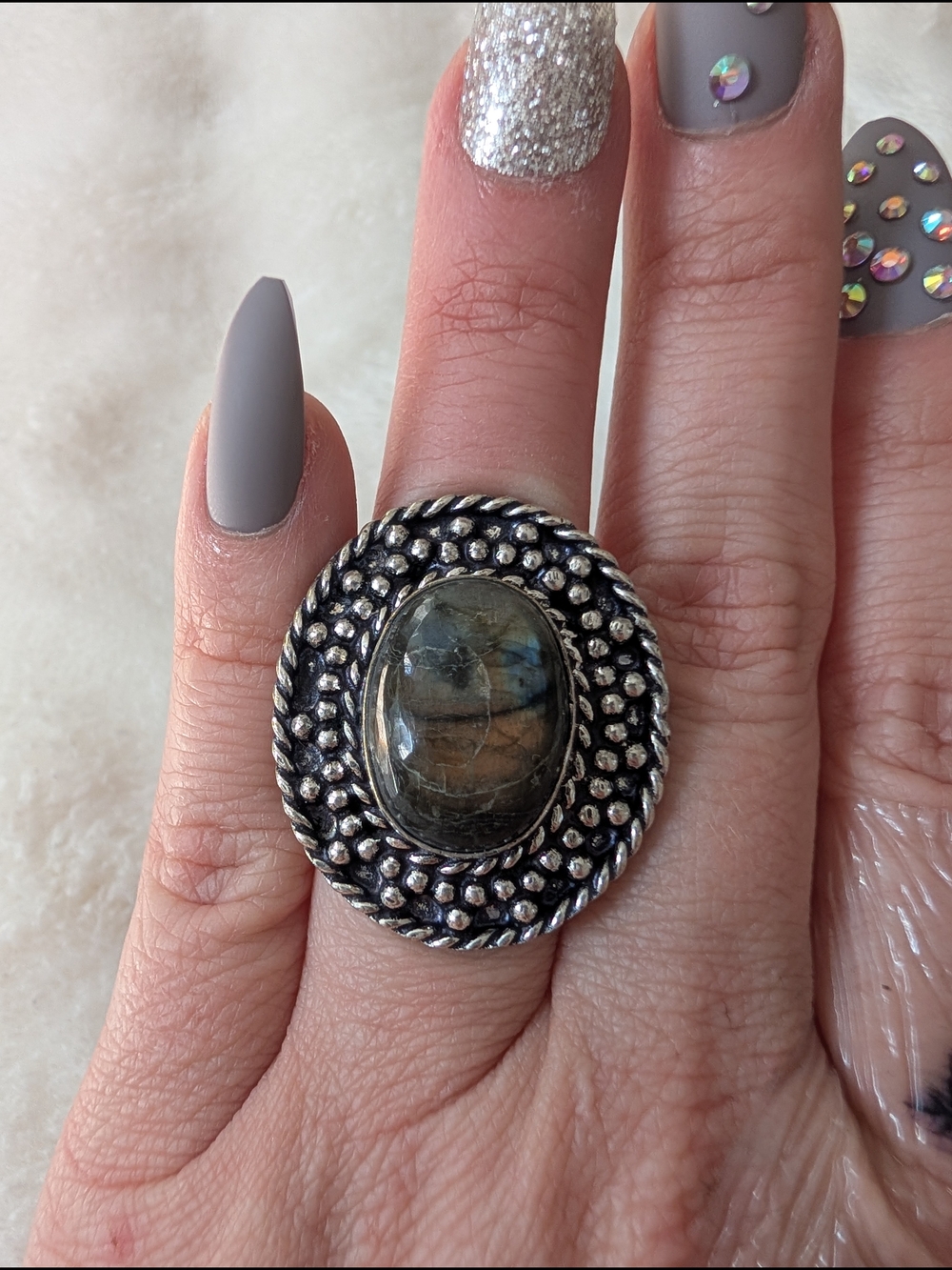 Large Labradorite German Silver Statement Ring Size 6 Boho Oxidized